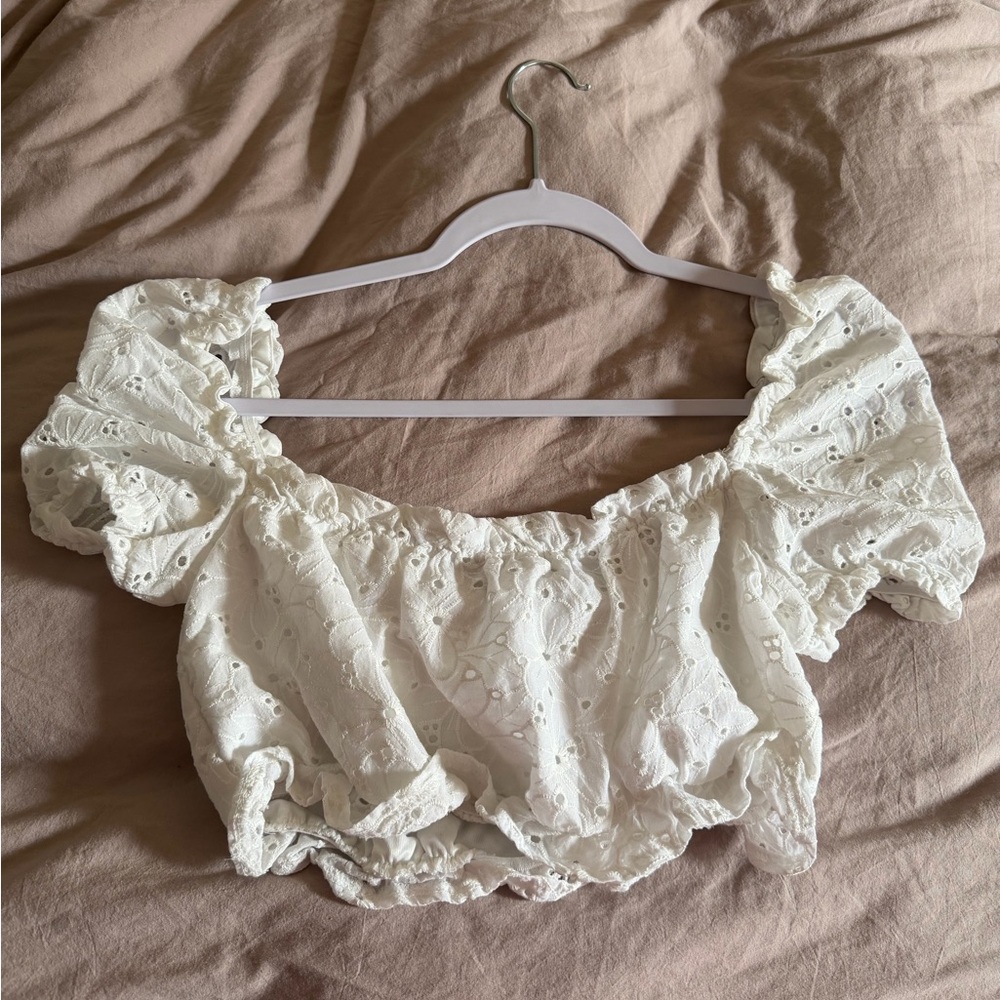 Nasty Gal White Eyelet Puff Sleeve Crop Top